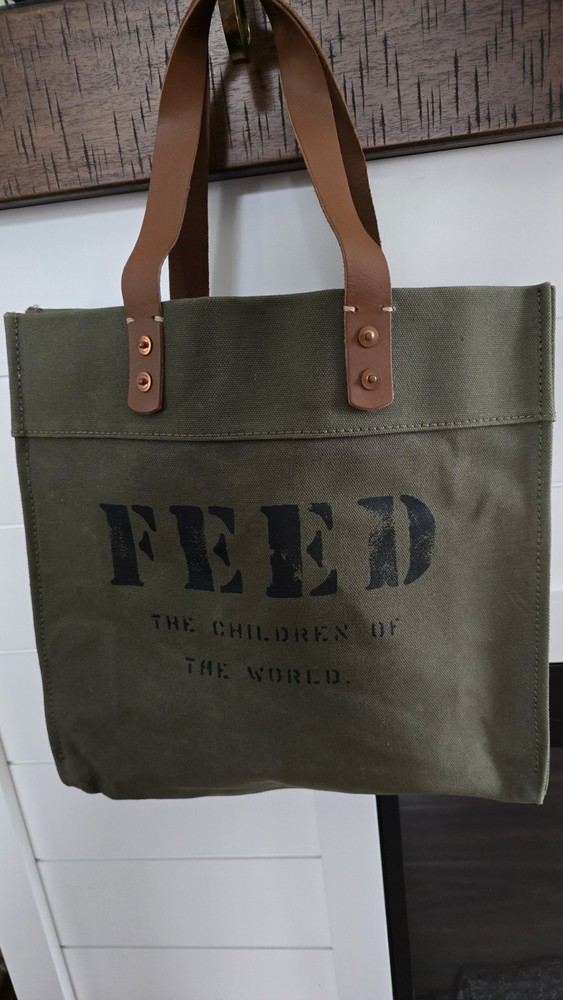 FEED Projects Canvas Tote Bag Olive Green Leather Handles Help Feed The Children