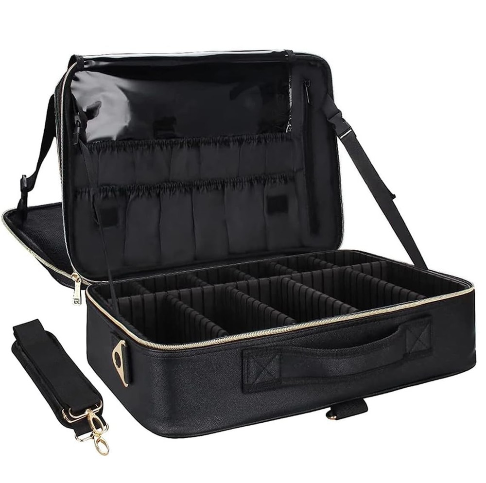 Relavel Makeup Case Large Bag Professional Train Large, Black Leather