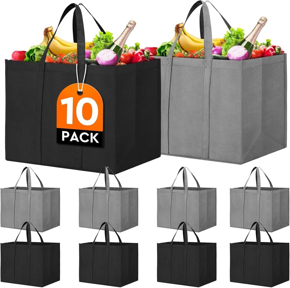 WISELIFE Reusable Grocery Shopping Bags 10 Pack Large Foldable Tote Bags Bulk, E