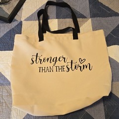 Beige Black Canvas Foldable Tote Bag with Text Pattern and Black Handles