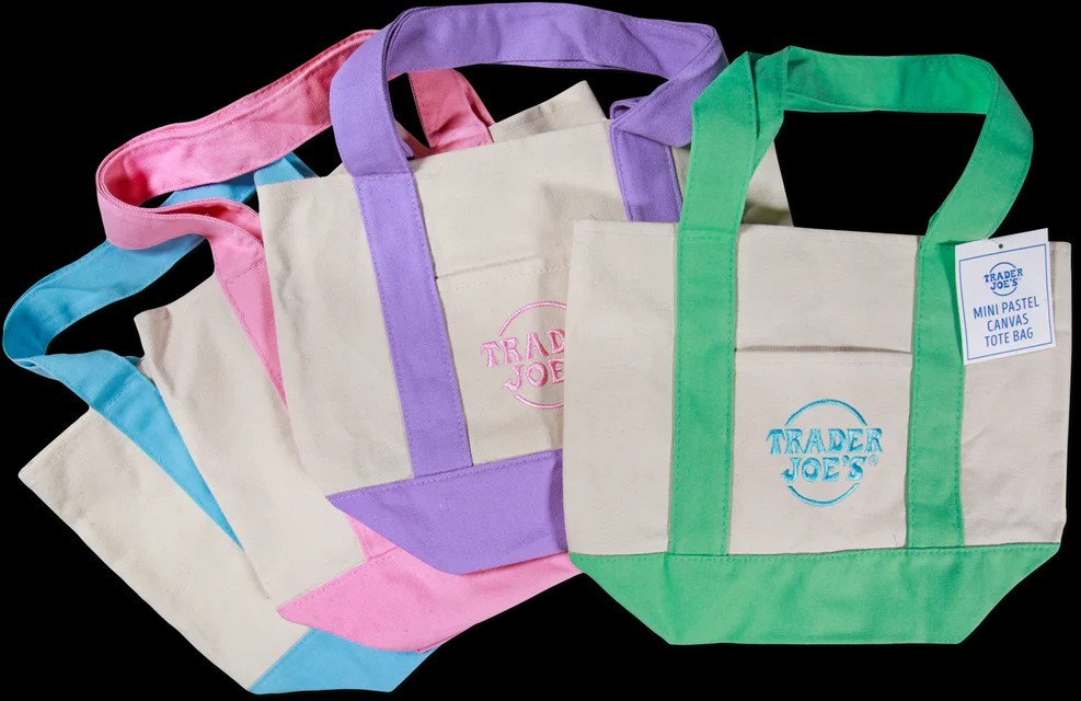 4 TRADER JOE’S MINI PASTEL CANVAS TOTE BAG, NEW SPRING PASTEL COLORS 4 BAGS SET