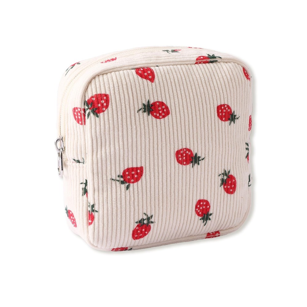 YKEBVPW Mini Makeup Pouch Small Strawberry Corduroy Quilted Cosmetic Beige