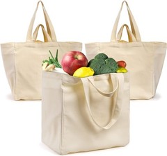 3 Pack Canvas Grocery Tote Bags with Bottle Sleeves, 14 x 9.75 x 15 Inches La…