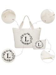 Personalized Initial Canvas Tote Bag with Zipper, Present Bag with Inner Pock…
