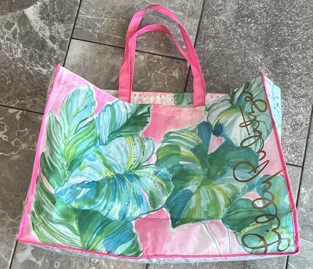 Lilly Pulitzer Reusable Green Leaf And Pink Tote Shopping Bag 22″ x 15″x 7”
