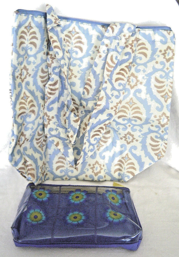 Sachi Compact Fold And Go 2-Piece Market Insulated Tote Bag Set Blue Floral New