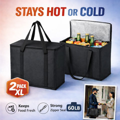 2 Pack XL Insulated Grocery Bags Reusable Thermal Cooler Tote Black Large 2PKSet