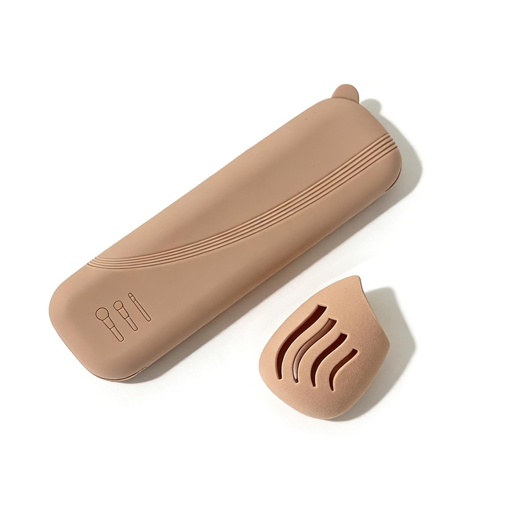 Silicone Makeup Brush Holder & Sponge Case Set – Portable Travel khaki