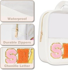 Snacks Bag Clear Chenille Varsity Letter Zipper Pouch Travel Makeup White