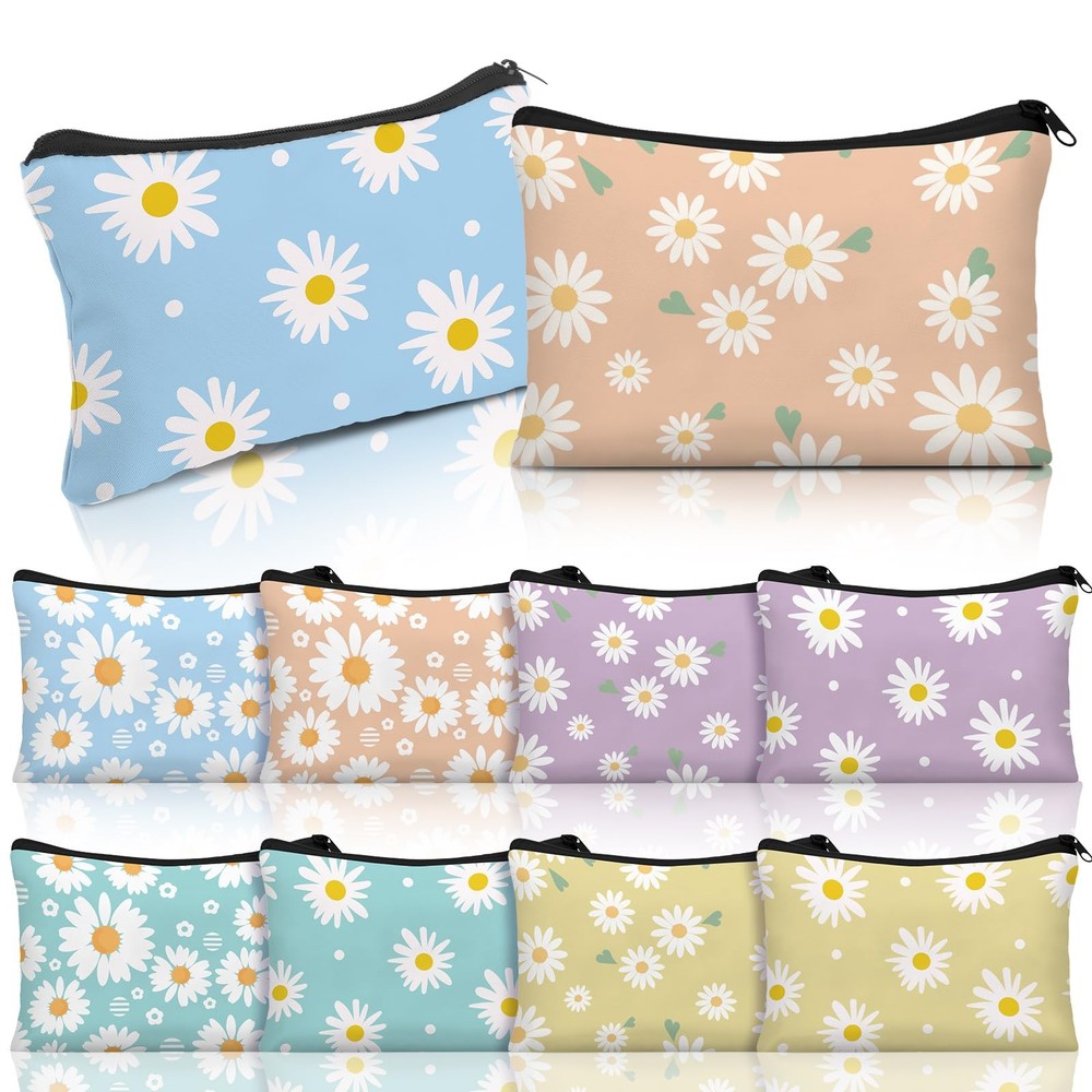 Kacctyen 10 Pcs Daisy Canvas Zipper Pouch Makeup Bags Bulk Theme multicolored