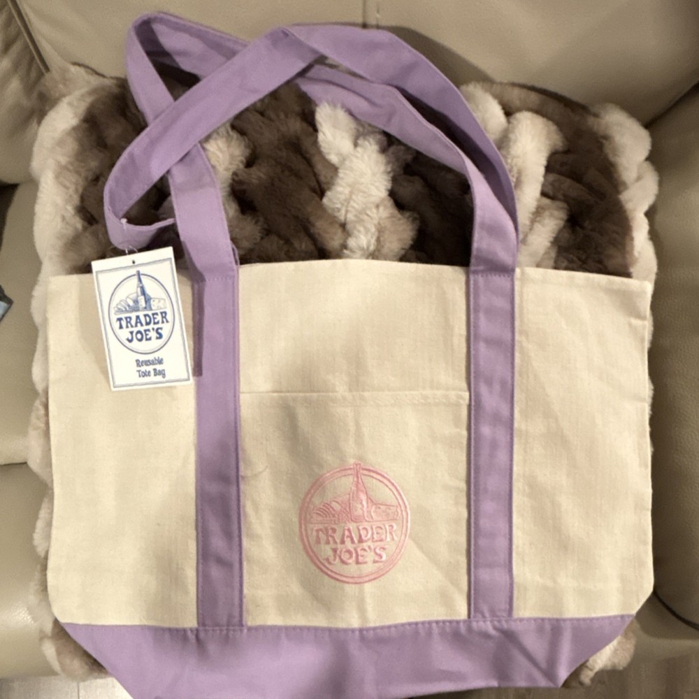 Trader Joe’s Reusable Tote Bag Solid Plain Pattern Beige and Purple Eco Shopping