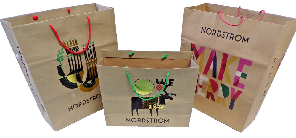 3 NORDSTROM CHRISTMAS THEME LARGE HOLIDAY BROWN PAPER GIFT BAGS WITH HANDLES