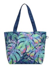 Canvas Beach Tote Blue Monsteras Print Hawaii Shop Bag Handbag Travel Hawaiian