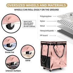 (Medium, Rose Gold) Reusable Grocery Bag on Wheels, Foldable Rolling Tote