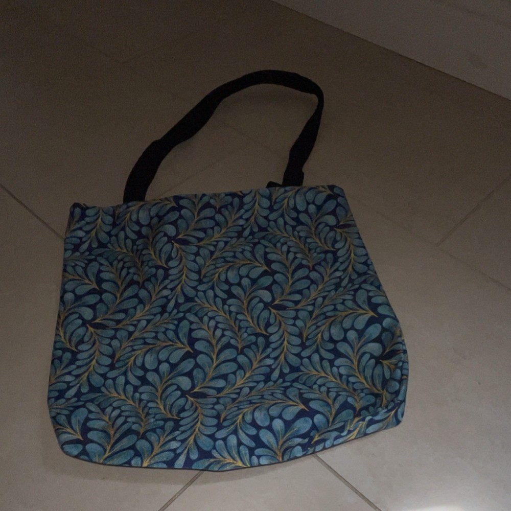 Reusable Tote Bag, Blue & Green Leaf Pattern, Shoulder Strap, Modern Style