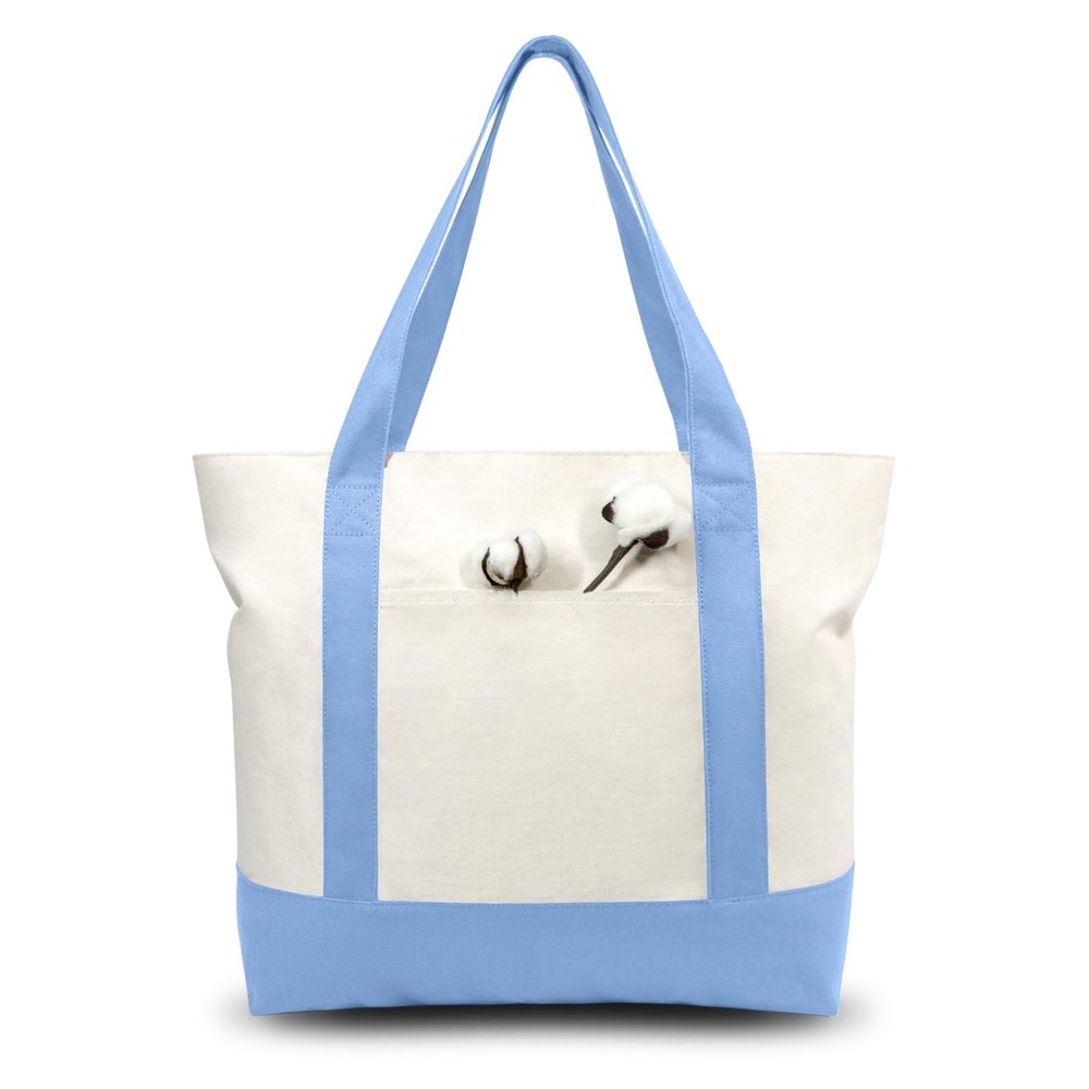 Canvas Tote Bag with Pocket, Zipper, Reusable Grocery Bag, Light Blue/Natural