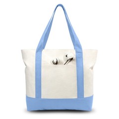 Canvas Tote Bag with Pocket, Zipper, Reusable Grocery Bag, Light Blue/Natural