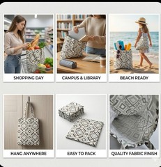 Geometric Canvas Foldable Reusable Tote Bag Stain Repellent 15 x 17 Gray White