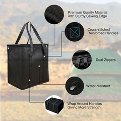 Longzhuo 3 Pack Insulated Grocery Bags with Zippered 13×8×14 inches, Black