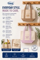 TJ Canvas Striped Reusable Tote Bag Beige/Pink Front Pocket 20x15x6 25qt