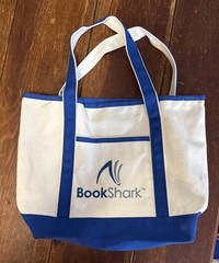 “Book Shark” Natural/Blue Canvas Bag Cloth Shopping Tote Heavyweight Reusable