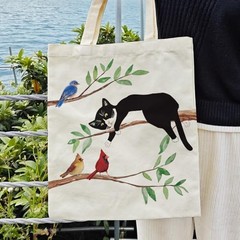 Cat Canvas Tote Bag For Women – Aesthetic Funny Tuxedo Cat Birds Shopping