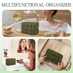 AMZMA Puffy Quilted Makeup Bag for Women, Water-Resistant Military green