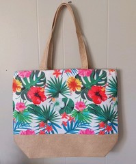 Multicolor Leaf Print Polyester Tote Reusable Bag Beige Handles green leaves.