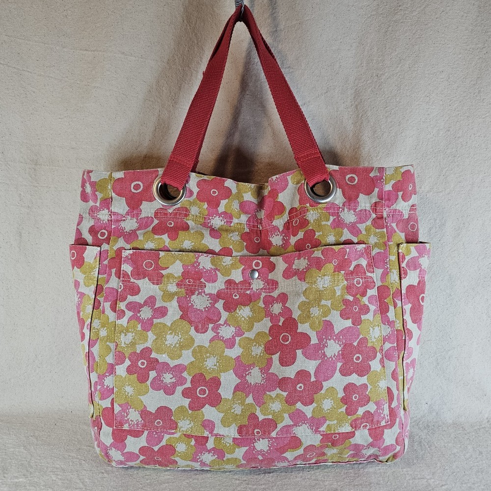 Canvas Tote Bag Floral Pink Yellow Pockets Hippie Boho Mod Beach Shopping Casual