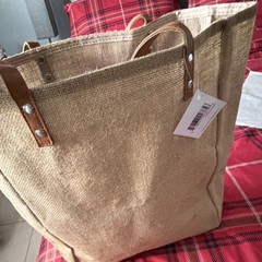 Large Beige Jute Tote Bag Foldable Modern Style with Leather Handles 16x18x6in