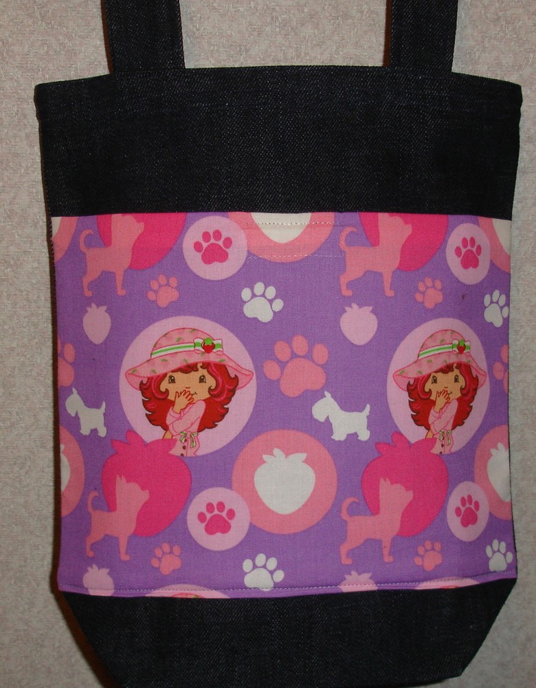 NEW Small Denim Tote Bag Handmade/w Strawberry Shortcake Puppy Fabric
