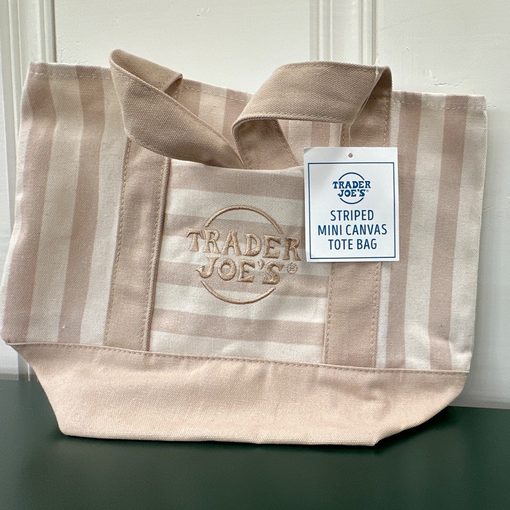 Trader Joe’s Striped Mini Canvas Tote Bag New with Tags Beige/White 13×8 in