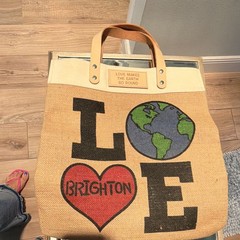 Brighton LOVE Earth Heart Reusable Shopping Bag Jute Leather Beige Multi-Color