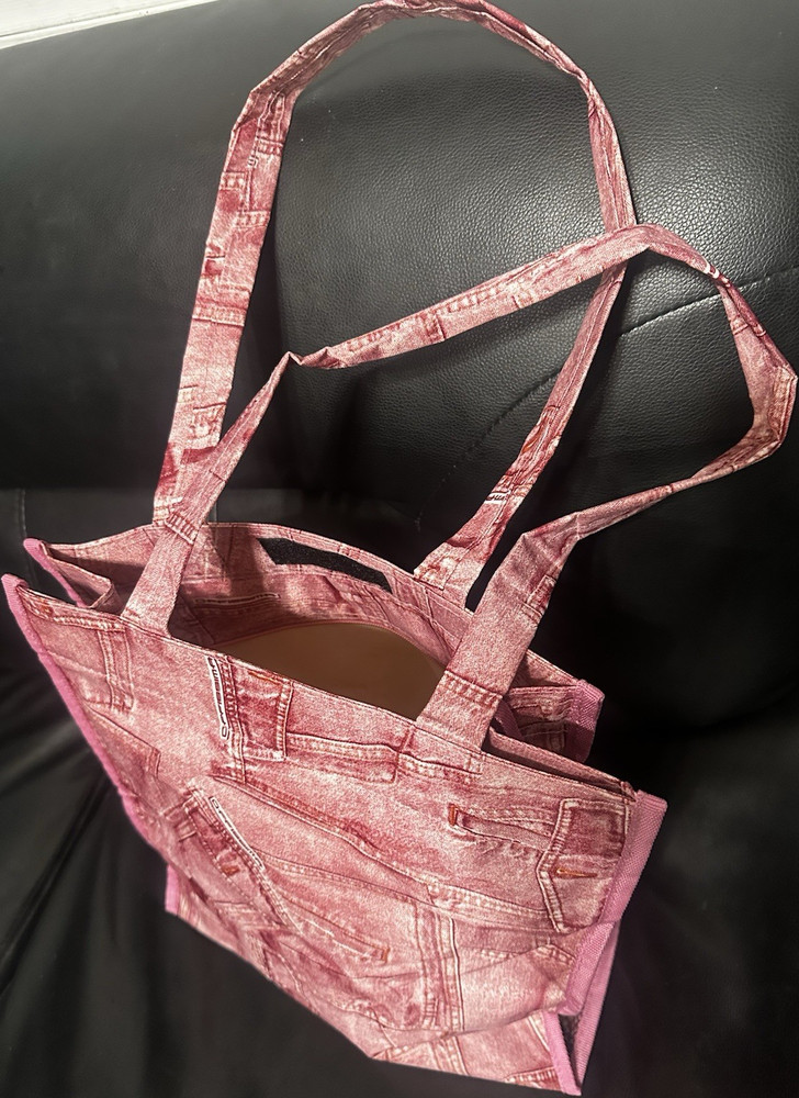 Pink Denim Print Medium Reusable Tote Bag, Zipper Closure, 17x17x5