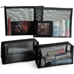 besharppin 4 Pack Mesh Cosmetic Bags, Nylon Makeup Bags Cube+Flat, Black
