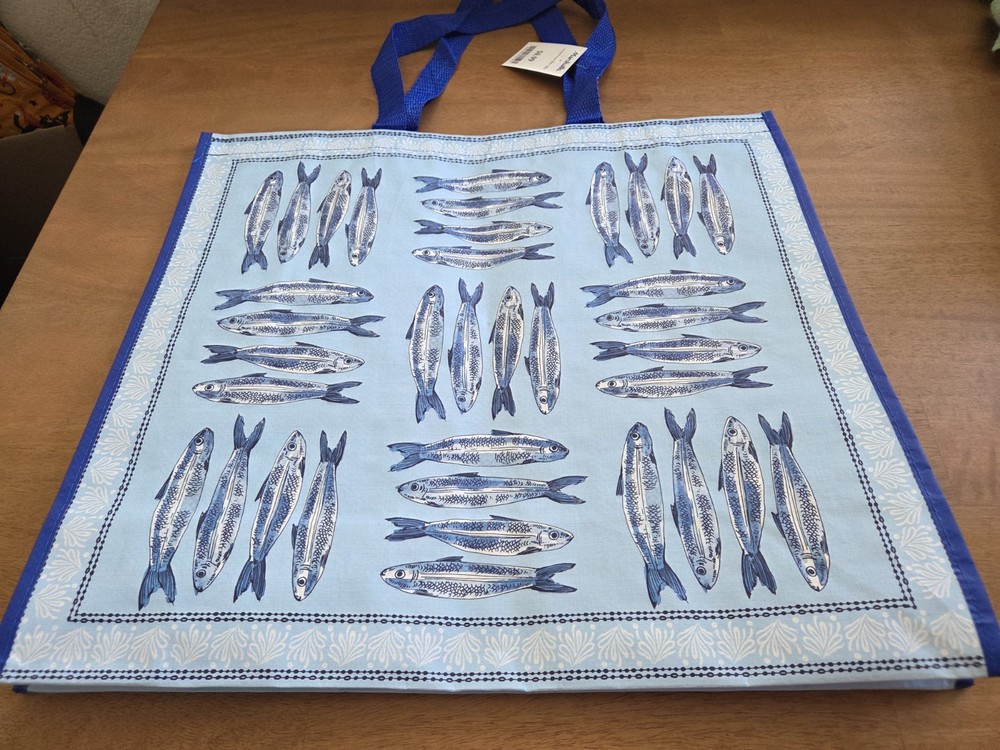 Marshalls Blue Sardines Fish Print Reusable Tote Bag Grocery Shopping Beach NWT