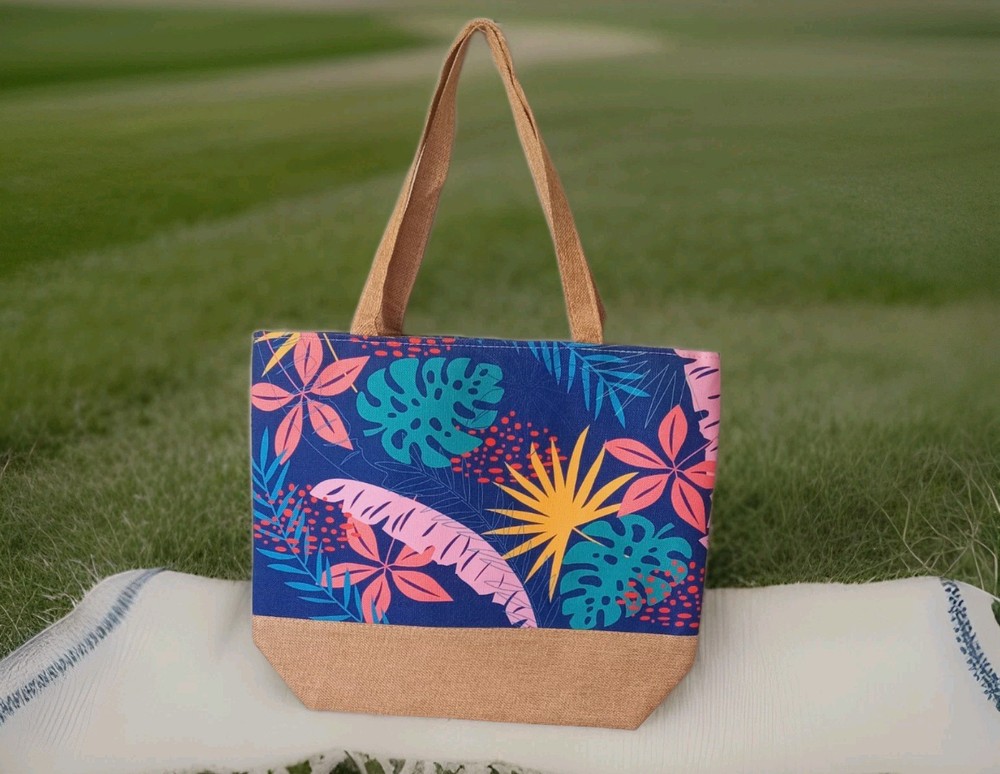 Large Blue Multicolor Leaf Print Polyester Tote Reusable Bag Beige Handles