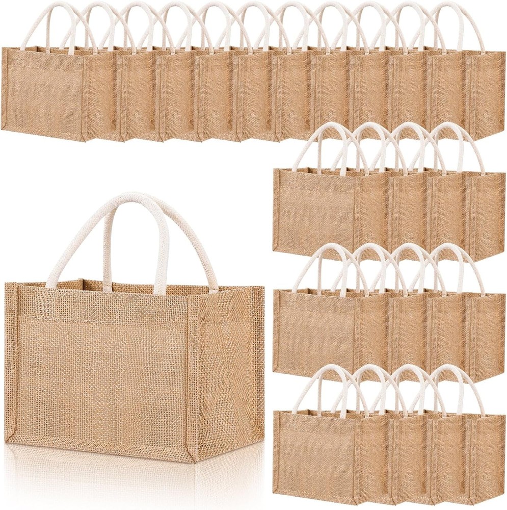 24 Pcs Burlap Tote Bag Mini Jute Reusable Waterproof Bag W/ Handles Small Blank