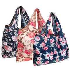 Eco-Friendly Large Nylon Reusable Shopping Bags (Set of 3), Rose Garden