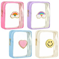 Spiareal 4 Pcs Preppy Patch Makeup Bag Cute pink, teal, black and beige