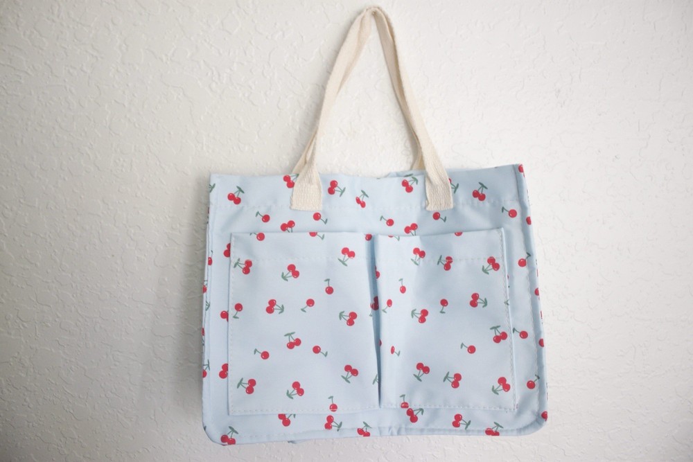 Cherry Print Foldable Canvas Reusable Shopping Bag Light Blue Red White