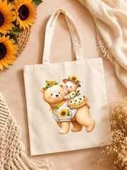 Beige Canvas 100% Cotton Tote Bag with Bear and Sunflower Print, 15×16 in