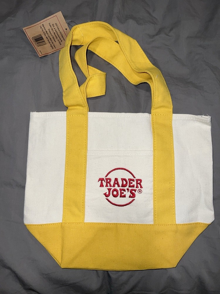 Trader Joe’s Mini Yellow White Canvas Tote Bag Colour Block Cotton Polyester