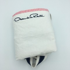 Vintage Oscar De La Renta Canvas Tote Lined Shopping Bag White Navy Blue Pink
