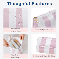 Large Waterproof PVC Beach Pool Makeup Bag with Pink Striated, Cute Cosmetic Acc