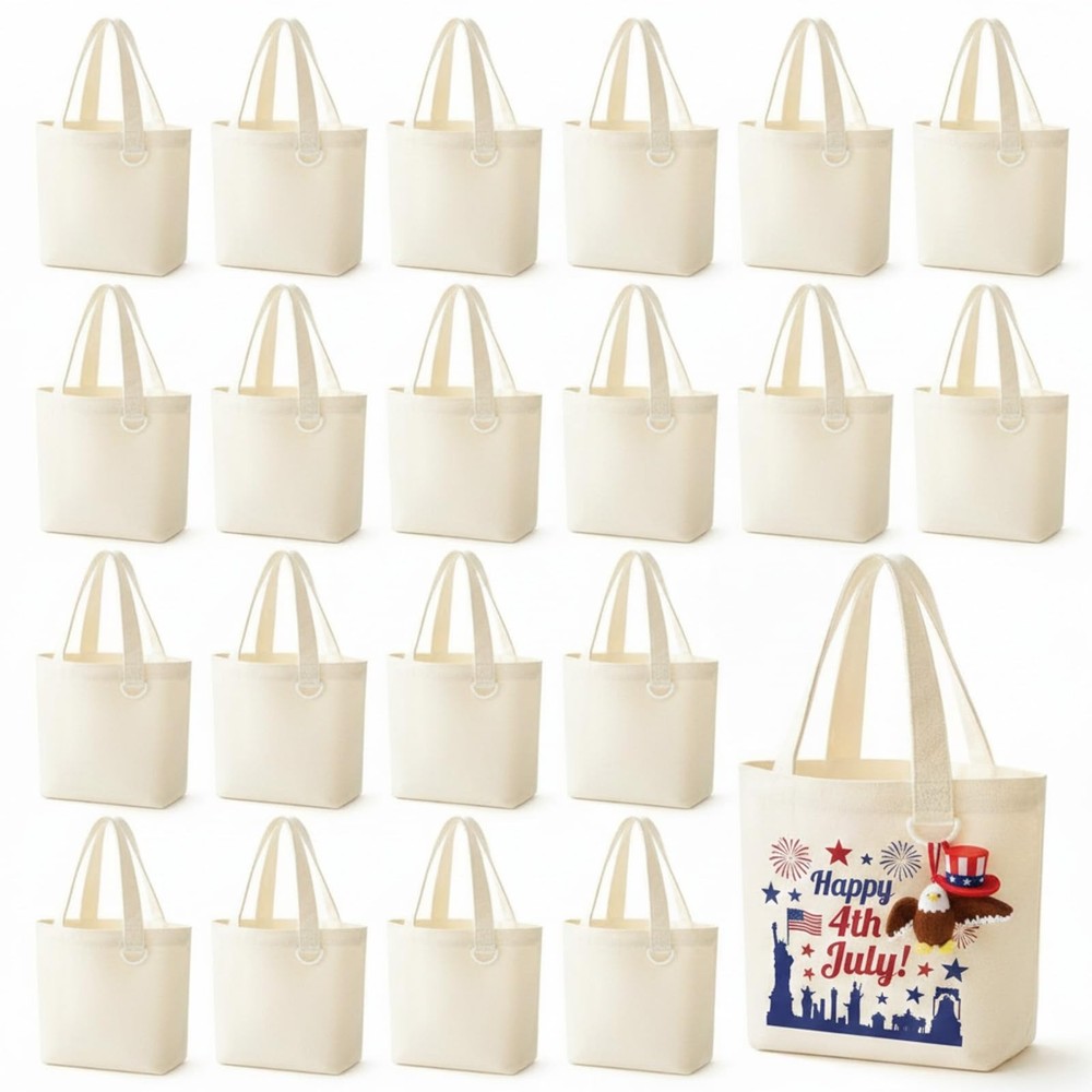 24 Pack Canvas Tote Bags with D-ring, 9 x 8 x 4 Inch Mini Small Blank Sublima…