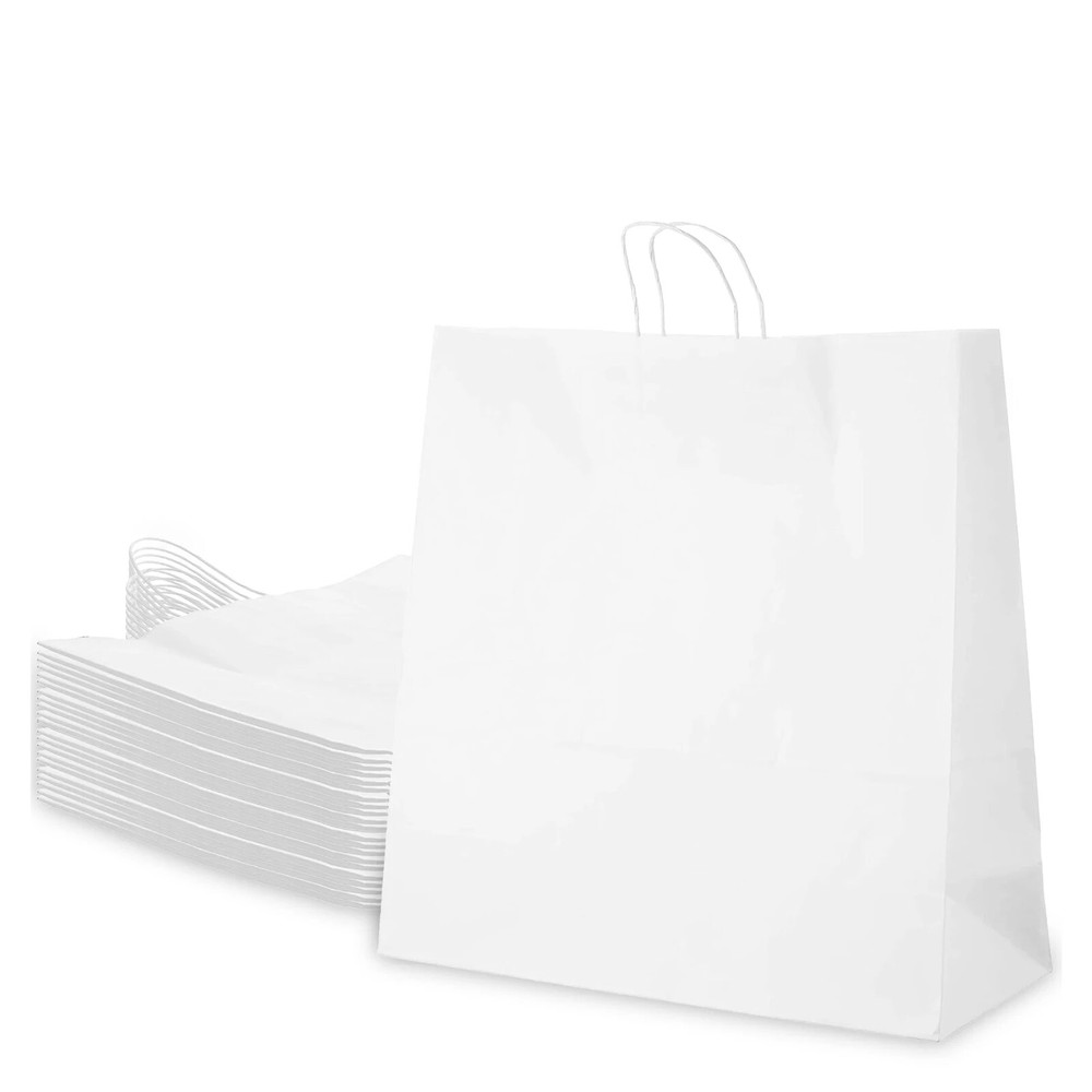 13x7x17 Medium Kraft White Paper Shopping Bags with Twine Handles Reusable