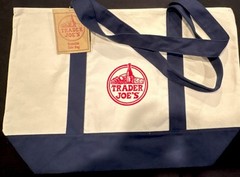 Trader Joe’s Foldable Canvas Reusable Tote Bag Beige Navy Blue Solid Grocery