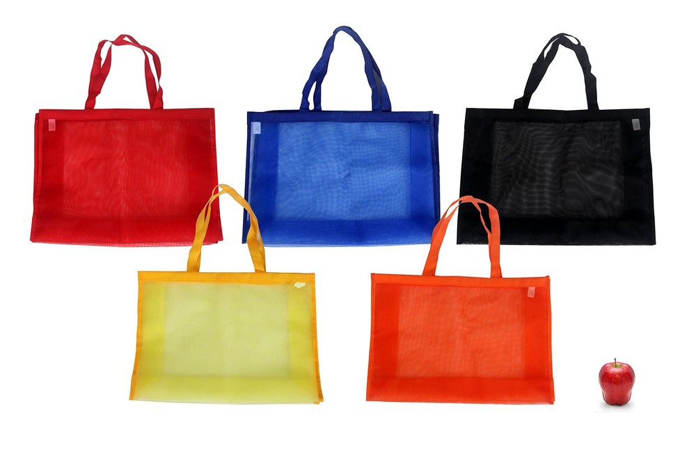 5 PCS Jumbo Mesh Tote Grocery Beach Bag Assortment 21x15x6 Inch Gusset
