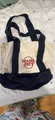 Trader Joe’s Canvas Tote Bag Foldable Beige Navy Blue Solid